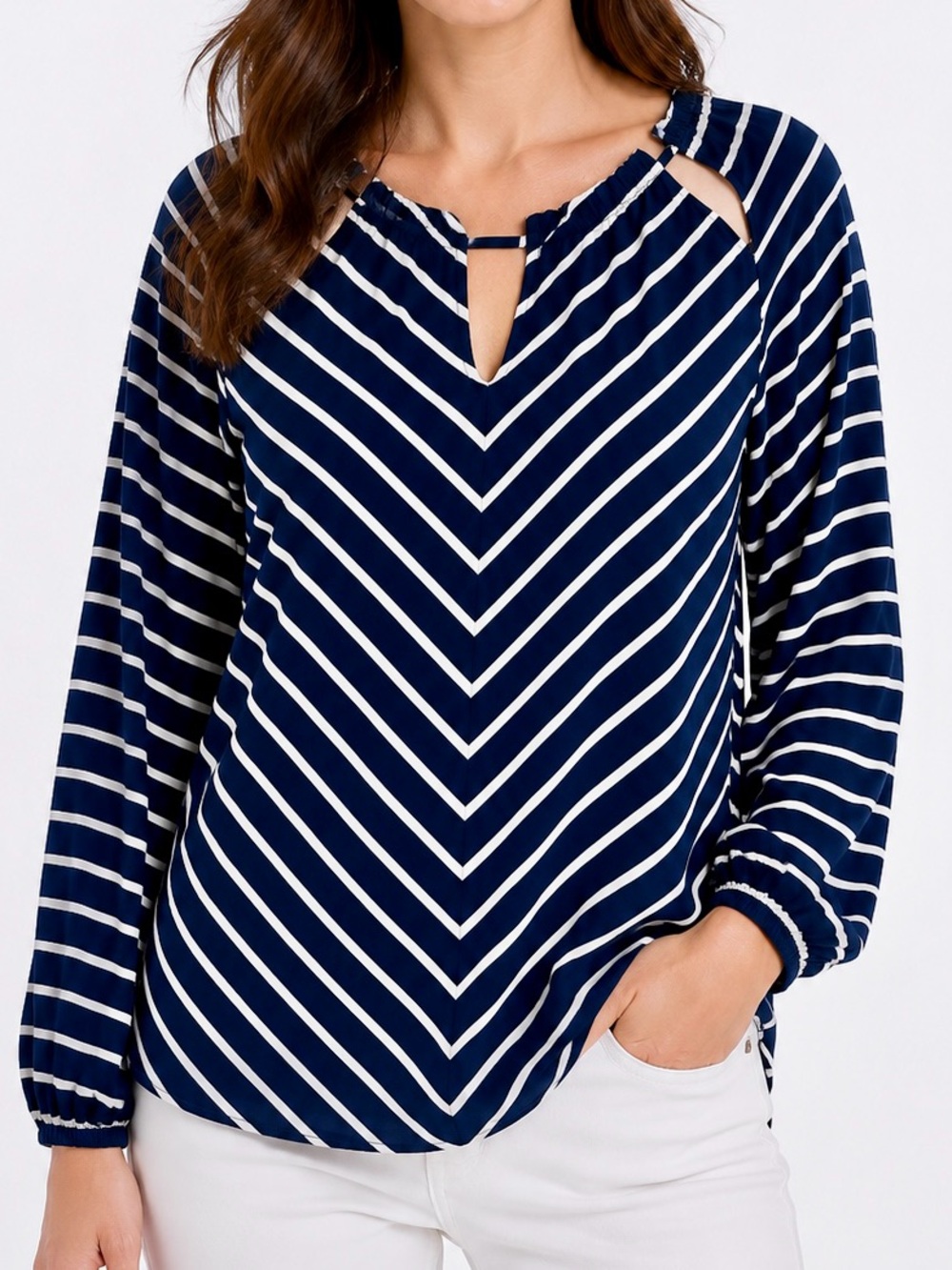 CHICOS Knit Striped Navy Blue Keyhole Long-Sleeve Top